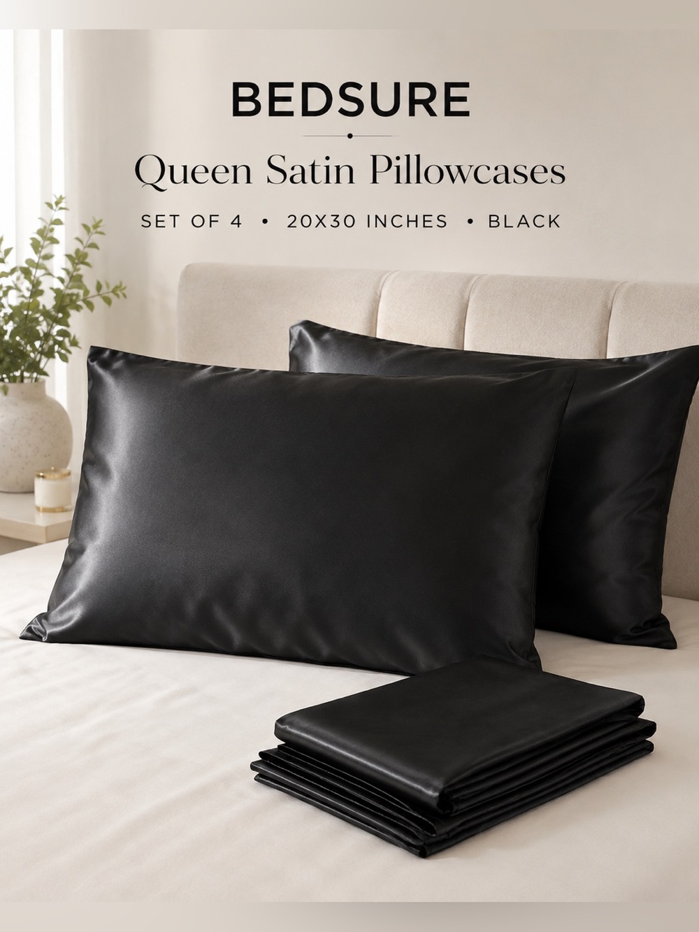Bedsure Black Satin Pillowcases Set of 4 Queen 20x30 Silky Envelope Closure